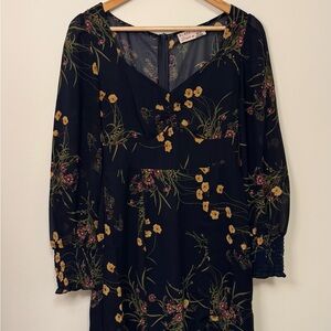 Floral Navy Blue Dress with Long Sleeves